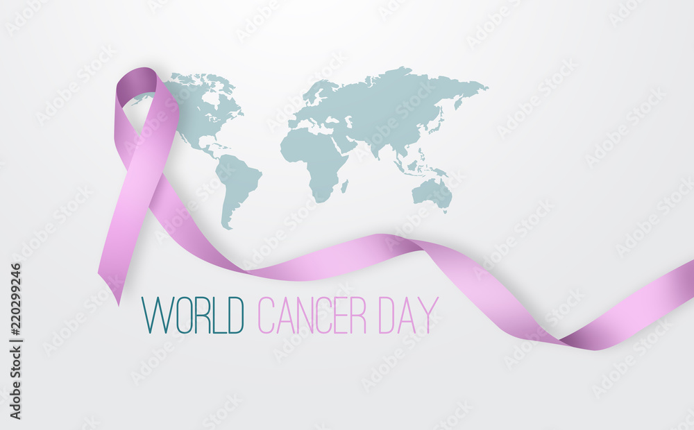 Fototapeta premium Pink ribbon on the background of the world map. Concept of fighting against cancer, with breast cancer. World Cancer Day, awareness month. Prevention in the fight against cancer.