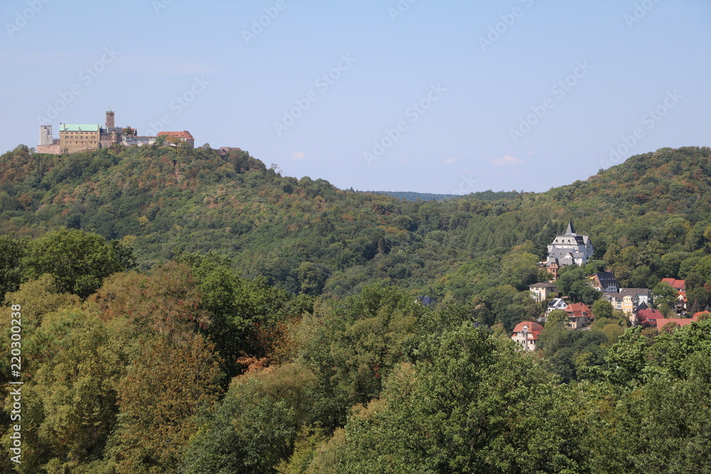 View to the Wartburg from the Göpelskuppe at the edge of Thuringian Forest, Eisenach in Germany