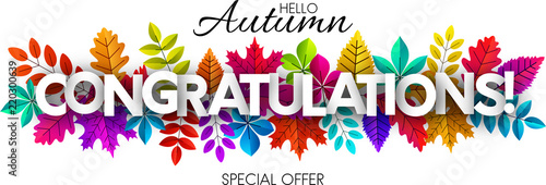 Hello autumn. Congratulations banner with colorful leaves.