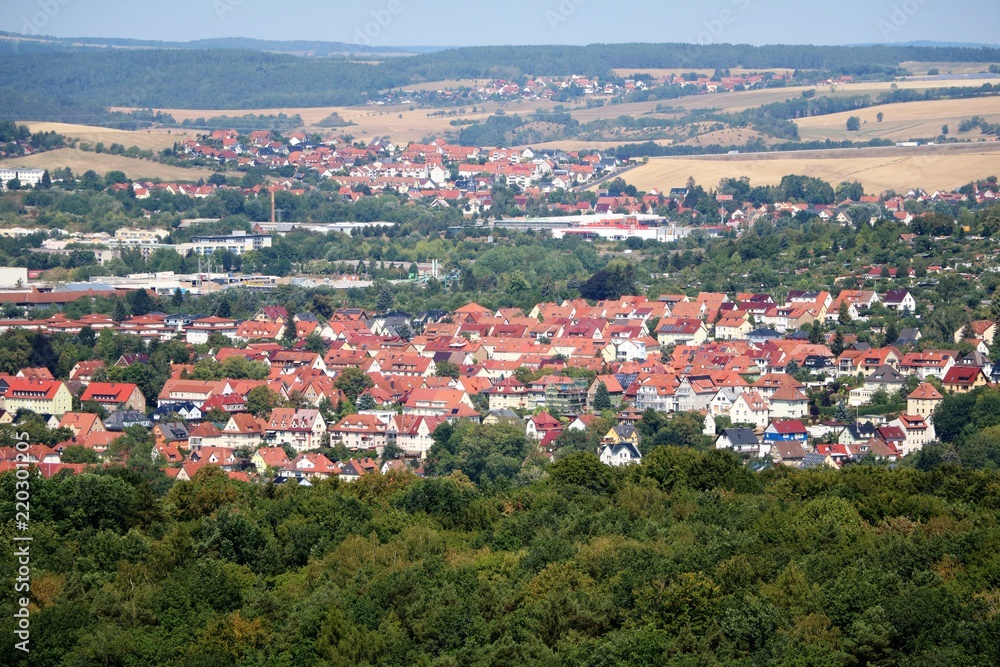 View to Eisenach from the Göpelskuppe on the edge of the Thuringian Forest, Germany View to Eisenach from the Göpelskuppe on the edge of the Thuringian Forest, Germany