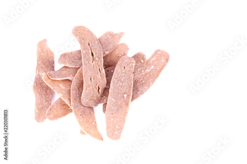 Home made kelantan raw fish cracker on white background. photo