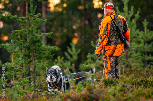 Photography Hunter and hunting dogs chasing in the wilderness