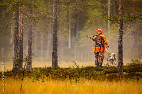 Photographie Hunter and hunting dogs chasing in the wilderness