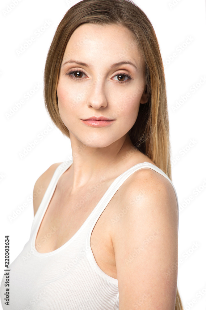 Confident woman with natural makeup isolated on white. Confident woman with natural makeup isolated on white.