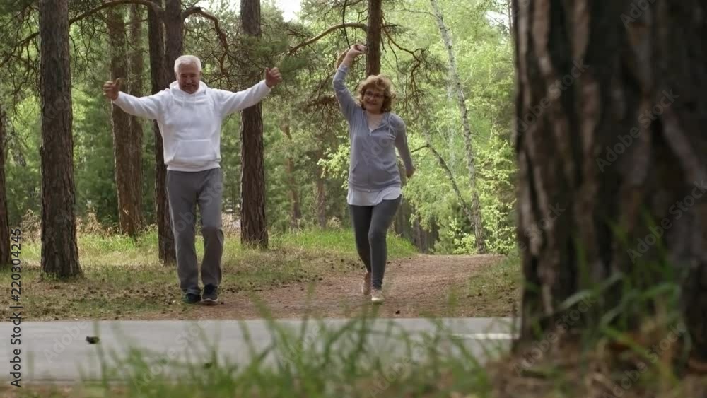 PAN with slowmo of elderly man and woman walking along forest trail and exercising arms PAN with slowmo of elderly man and woman walking along forest trail and exercising arms