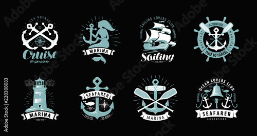 Nautical theme, set of logos or labels. Cruise, marine concept, vector