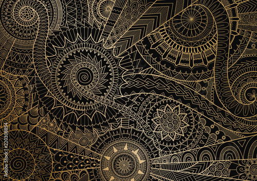 Mandala movement in golden lines on black background. Vector illustration
