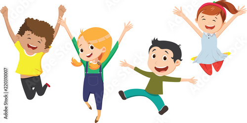  happy kids jumping together with arms up