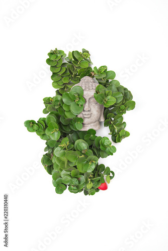 A statue of Buda on green leaves, Decorated statue, special statue, statue of Buddha, professional yoga, photography for yoga, yoga class, belief in Buddha, photography for professional class