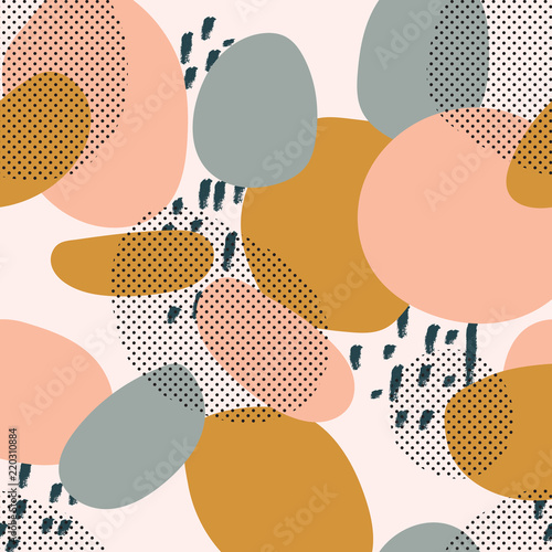 trendy seamless pattern of geometric shapes and doodles. Colorful pattern memphis style