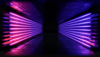 3d render. Geometric figure in neon light against a dark tunnel. Laser glow.