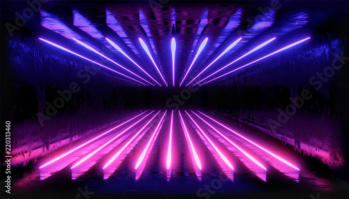 Fototapeta Naklejka Na Ścianę i Meble -  3d render. Geometric figure in neon light against a dark tunnel. Laser glow.