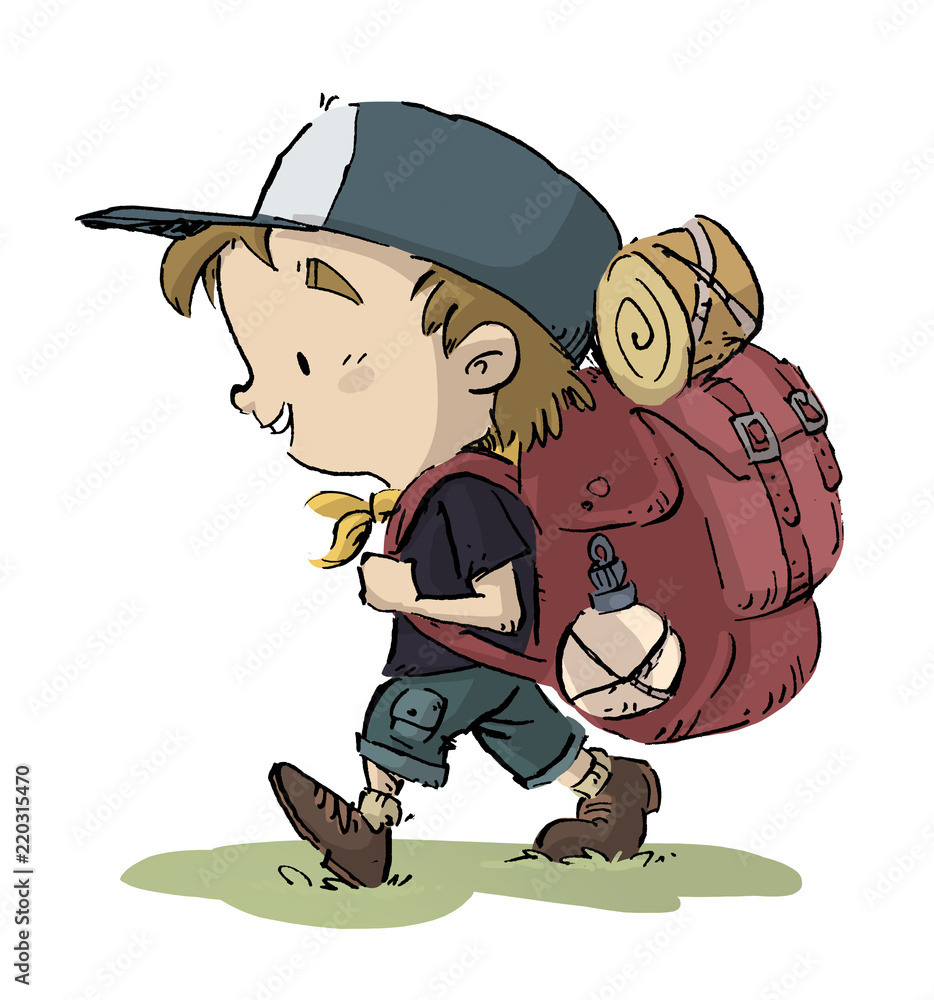 niño feliz caminando con mochila Stock Illustration | Adobe Stock