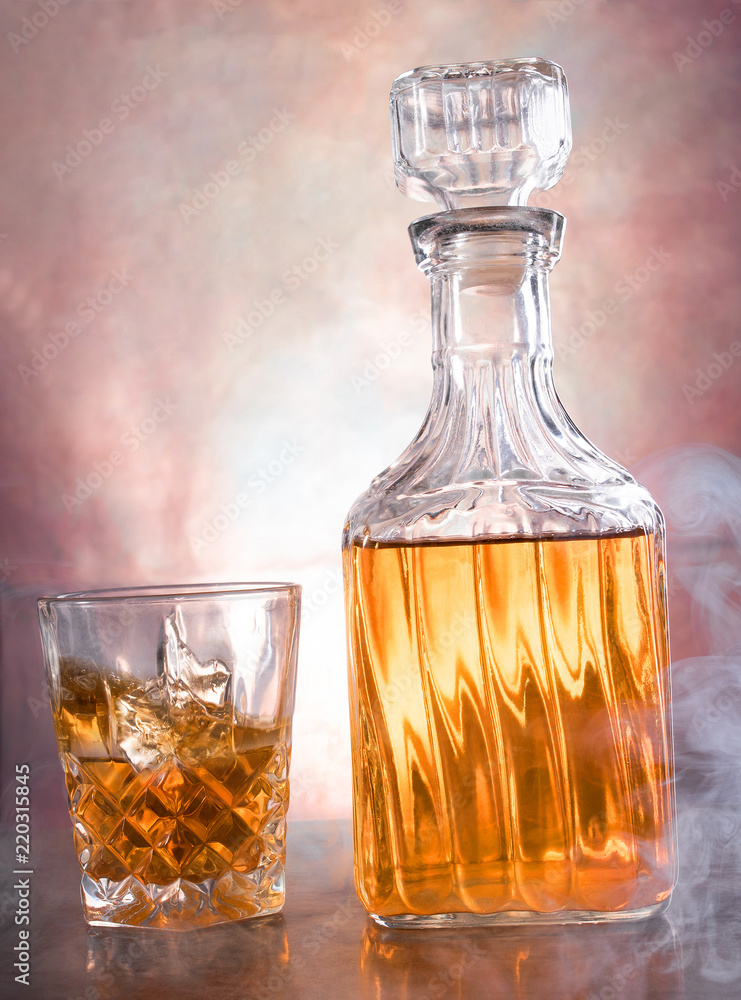 whiskey bottle with glass - obrazy, fototapety, plakaty 