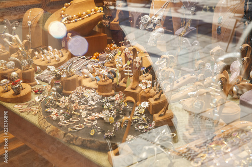 A display window in a jewellery store. A jewellery store is a retail business establishment