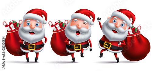 Santa claus vector character set carrying full sack of christmas gifts and surprises with happy face and laughing isolated in white background for christmas elements. Vector illustration.
