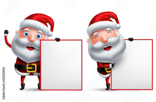 Santa claus vector christmas character set holding blank white board for text and christmas greeting with happy smile isolated in white background. Vector illustration.
