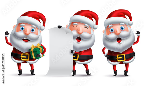 Santa claus vector character set holding christmas gift and blank wish list while waiving hand with happy smile isolated in white for christmas design elements. Vector illustration.
 photo