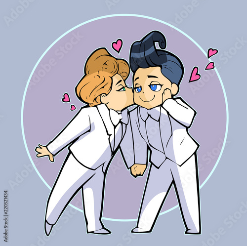 Cartoon anime illustration. Two happy handsome men, just married homosexual couple, hold hands and kiss each other