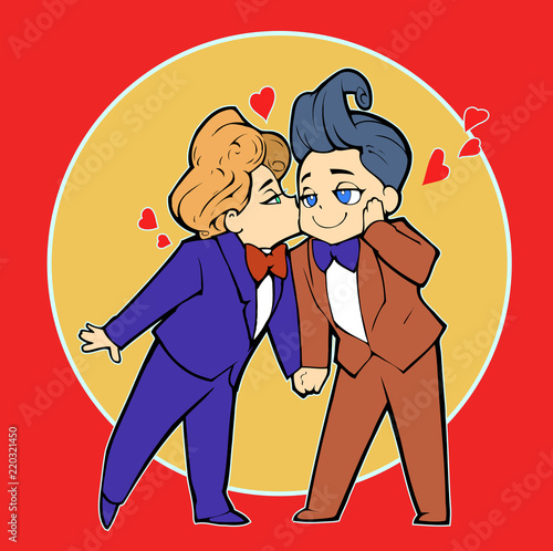 Cartoon anime illustration. Two happy handsome men, just married homosexual couple, hold hands and kiss each other