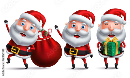 Santa claus christmas vector character set carrying bag of christmas gift and presents and giving gift with a smile isolated in white background for christmas design elements. Vector illustration.
