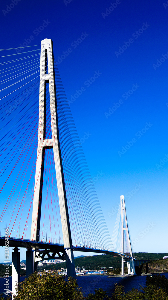 Russian bridge - cable-stayed bridge in Vladivostok during the day Russian bridge - cable-stayed bridge in Vladivostok during the day