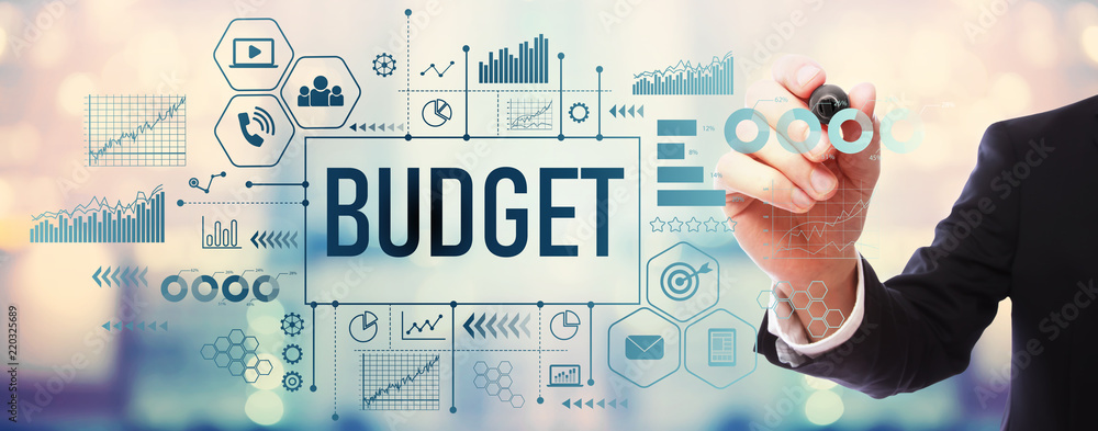 Budget with businessman on blurred abstract background - obrazy, fototapety, plakaty 