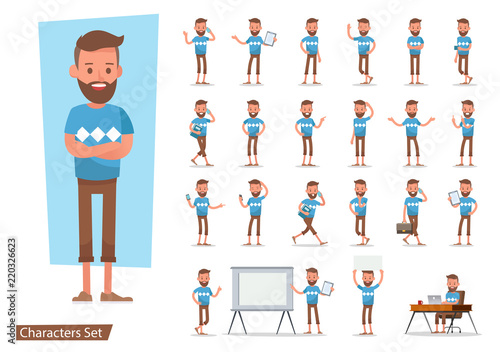 Set of office man worker character vector design. Presentation in various action with emotions, running, standing, walking and working. no5