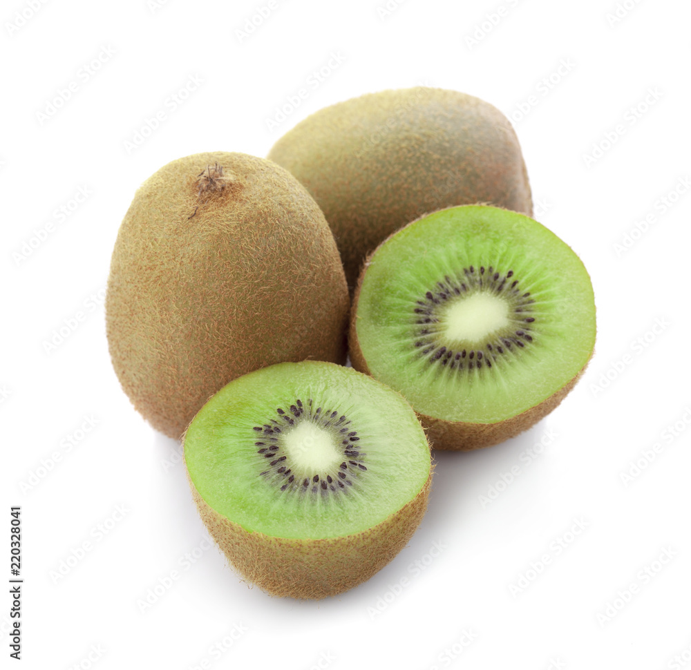 Whole kiwi fruit and his sliced segments isolated on white background cutout Whole kiwi fruit and his sliced segments isolated on white background cutout