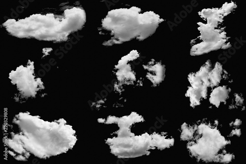 Set of cloud white on isolated elements black background.