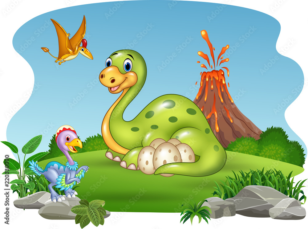 Naklejka premium Cartoon dinosaur with her eggs in the jungle