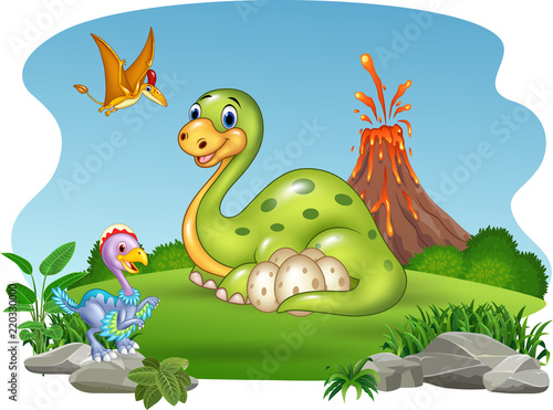 Cartoon dinosaur with her eggs in the jungle