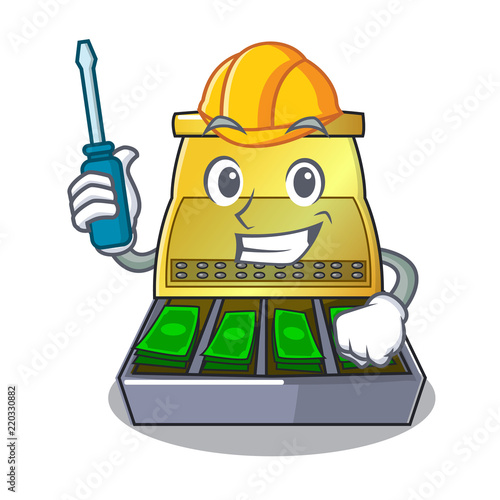 Automotive cartoon cash register with a money drawer