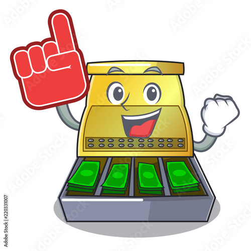 Foam finger cartoon cash register with a money drawer