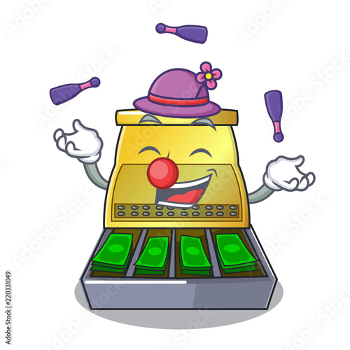 Juggling cartoon cash register with a money drawer