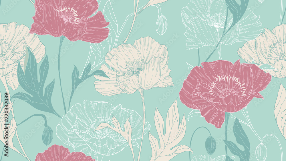Seamless pattern, hand drawn pastel poppy flowers with leaves on green background