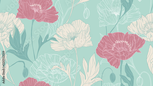 Seamless pattern, hand drawn pastel poppy flowers with leaves on green background © momosama