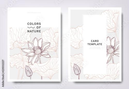 Floral greeting/invitation card template design, hand drawn lotus flowers with leaves, minimalist pastel style