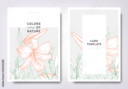 Fototapeta Naklejka Na Ścianę i Meble -  Floral greeting/invitation card template design, hand drawn lily flowers with leaves, minimalist pastel style