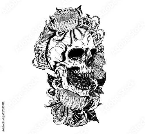Skull with chrysanthemum tattoo by hand drawing.Tattoo art highly detailed in japanese line art style.Black and white line art pattern for paint