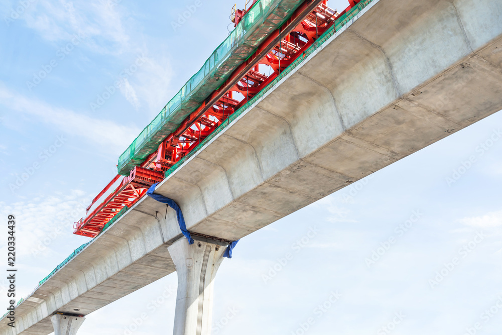 Obraz premium skytrain rail bridge public transit system under construction in Bangkok, Thailand.