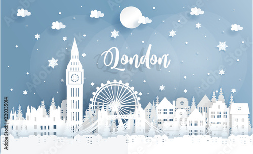 Winter and Christmas in London with city and falling snow. Paper cut style vector illustration.
