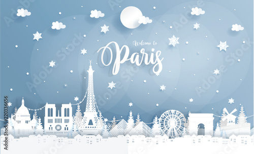 Winter in Paris, France with world famous landmark and falling snow. Paper art vector illustration