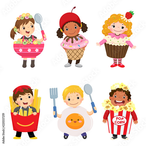 Vector cartoon of cute kids in food costumes set. Carnival clothes for children.