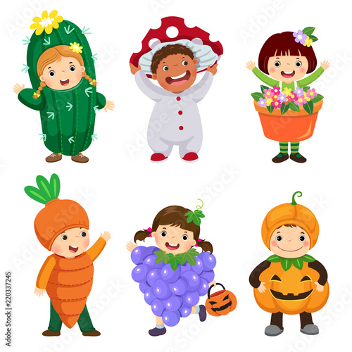 Vector cartoon of cute kids in plant costumes set. Carnival clothes for children.