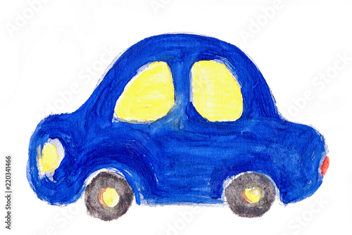 Child's drawing car. Watercolor illustration isolated on white background.
