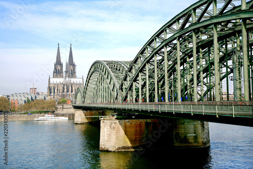 Cologne Cathedral, a roman Catholic cathedral in Cologne, Germany seen from Hohenzollern Bridge and Rhine river.