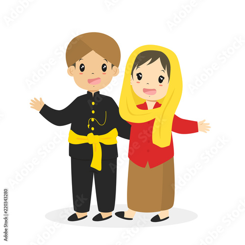 Happy Indonesian children wearing Jakarta, Betawi traditional dress cartoon vector. photo