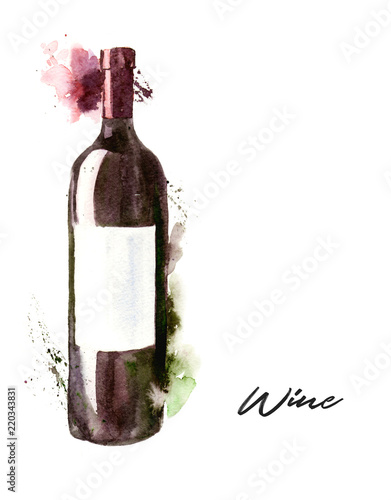 Hand-drawn watercolor illustration of the wine bottle, red wine. Drawing isolated on the white background.