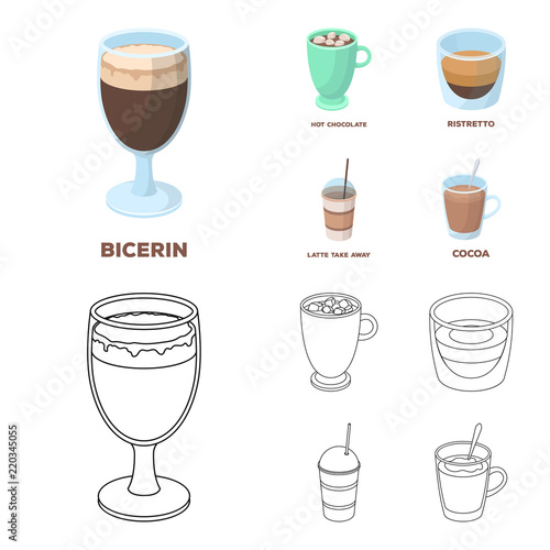 Ristretto, hot chocolate, latte take-away.Different types of coffee set collection icons in cartoon,outline style vector symbol stock illustration web.